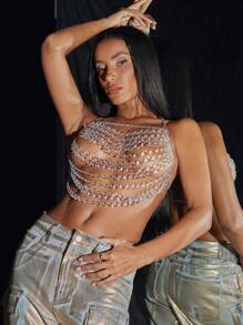 SHEIN BAE Solid Color Fringed Top With Rhinestone & Gem Decoration For Spring/Summer Party, Date Night, Music Festival And Nightclub Outfits - Silver - View 3