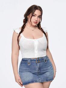 SHEIN Qutie Kích thước lớn Thon gọn Áo nịt đan Với nút Mặt trước Và Hình vuông Đường viền cổ áo - trắng - Xem 1