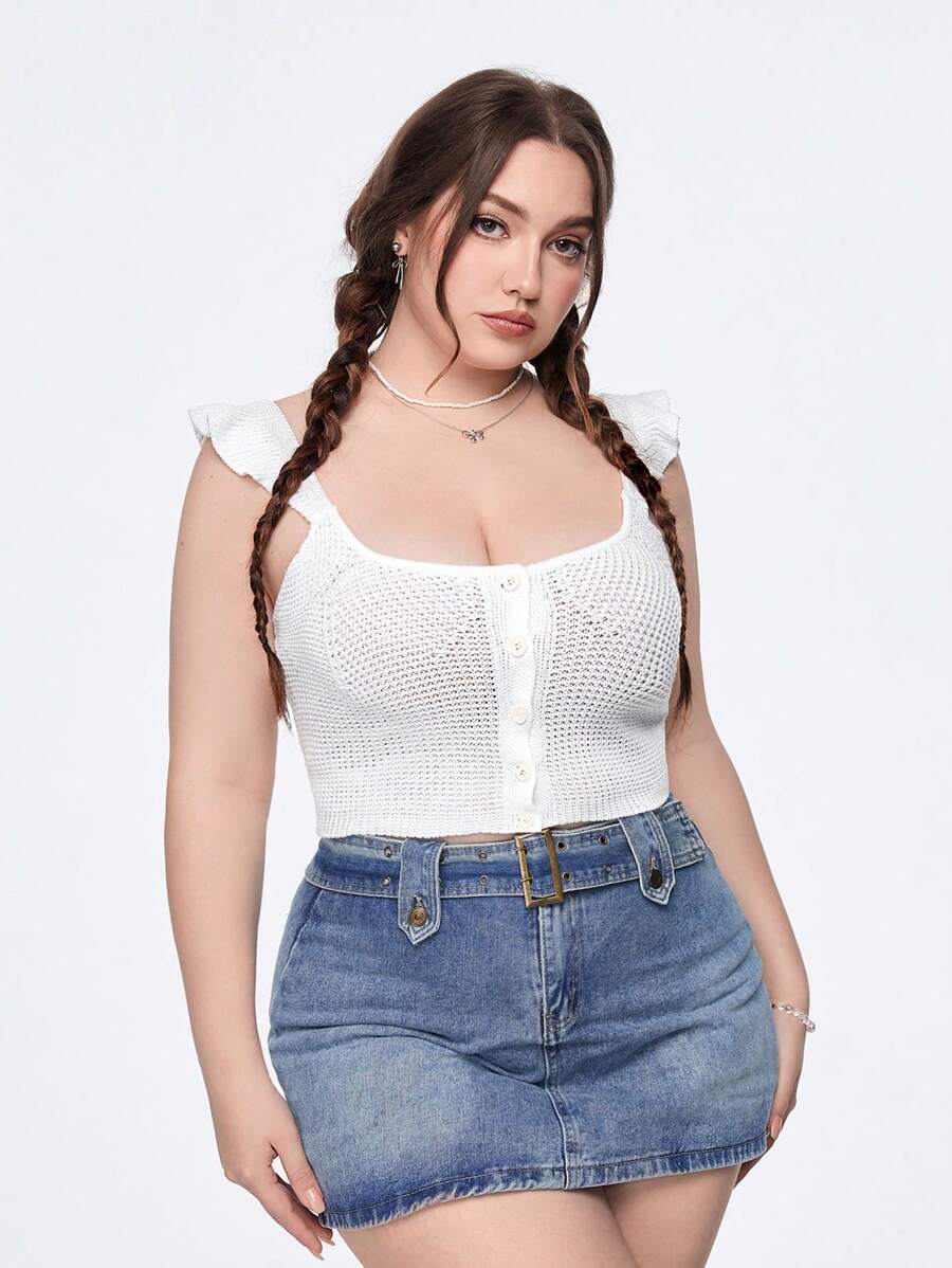 SHEIN Qutie Kích thước lớn Thon gọn Áo nịt đan Với nút Mặt trước Và Hình vuông Đường viền cổ áo - trắng - Xem 1