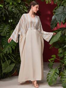 Al Najma In Hình học Cổ chữ V Eo Áo choàng Thổ Nhĩ Kỳ Với Vá lại Chi tiết - Màu be - Xem 5