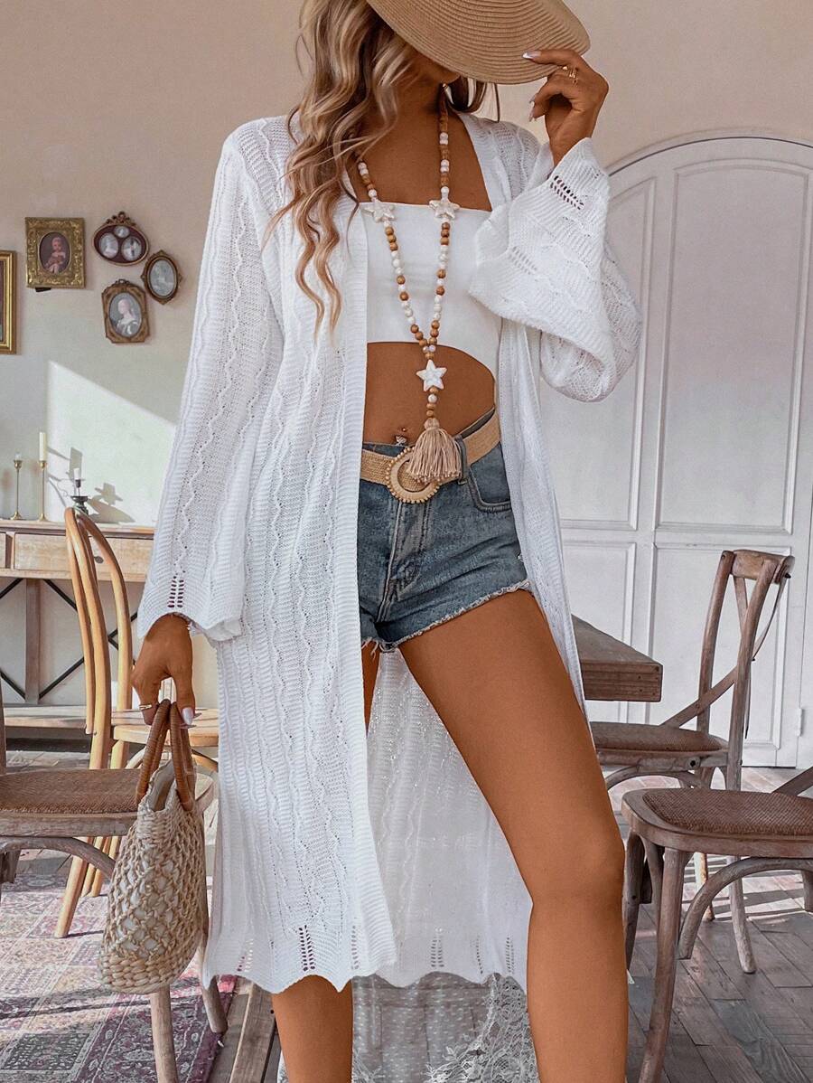 Chiquease Áo khoác cardigan dáng rộng màu trắng phong cách Hawaii Áo cardigan rỗng phong cách Hawaii cho mùa hè - trắng - Xem 1