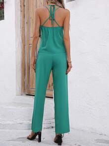 SHEIN Essnce Ladies' Plain Cowl Collar Camisole & Trousers Set - Green - View 2
