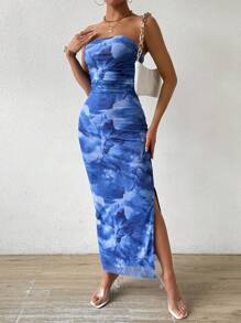 Women's Plant Print Side Slit Slimming Mesh Strapless Dress Maxi Women Outfit - Dusty Blue - View 4