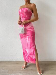 Chiquease Vestido maxi de mujer con hombros descubiertos, abertura alta y efecto ombre - Rosa coral - Ver 7