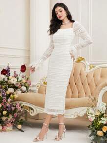 Modelyn Solid Color Textured Square Collar Slim Fit Split Hem Dress Long Evening Dresses - Apricot - View 5