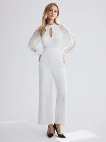 BizChic Women's Keyhole Collar See-Through Mesh Raglan Long Sleeve Jumpsuit - White - View 8
