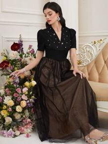 Modelyn Women's Short Puff Sleeve Arabian Style Dress With Rhinestones & Mesh Hem,Elegant Evening Party Dress Long Evening Dresses