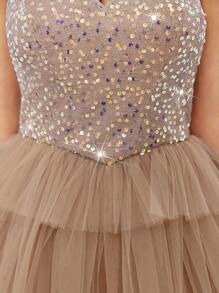 Lovelzi 优雅华丽女士露肩亮片细节分层网眼芭蕾舞短裙适合宴会毕业季假鸡尾酒会礼服舞会半正式婚礼宾客礼服，适合生日返校节 - 杏色 - 查看 7