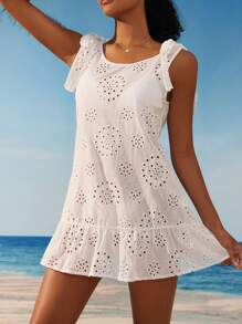 SHEIN Swim 女士孔眼刺绣肩部结饰罩衫连衣裙，适合度假、夏季海滩 - 白色 - 查看 1