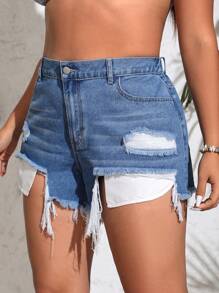 SHEIN Privé Kích thước lớn Frayed Hem Đau khổ Quần short Denim Với tua - Rửa trung bình - Xem 5