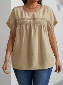 SHEIN LUNE 大尺寸紋理面料拼接蕾絲邊緣絲帶休閒襯衫