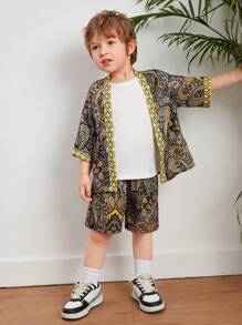 SHEIN 2pcs/Set Young Boys' Casual College Style Soft Retro Full Floral Print Short Sleeve Shirt And Shorts, Suitable For Spring, Summer And Autumn - Brown - View 5