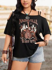 SHEIN LUNE Plus Size Women's Printed  Letter Print Off-Shoulder T-Shirt For Summer