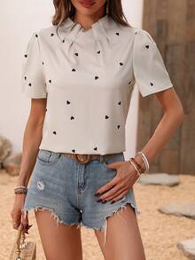 SHEIN Essnce In Trái tim Xếp li Áo sơ mi - Màu be - Xem 5