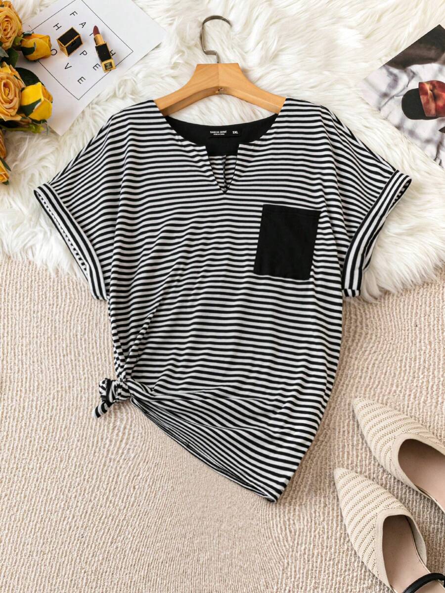 SHEIN LUNE 大尺碼女士圓領條紋蝙蝠袖t恤 - 黑與白 - 查看 1