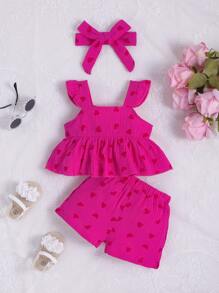 Baby Girl Heart Print Ruffle Trim Peplum Top & Shorts