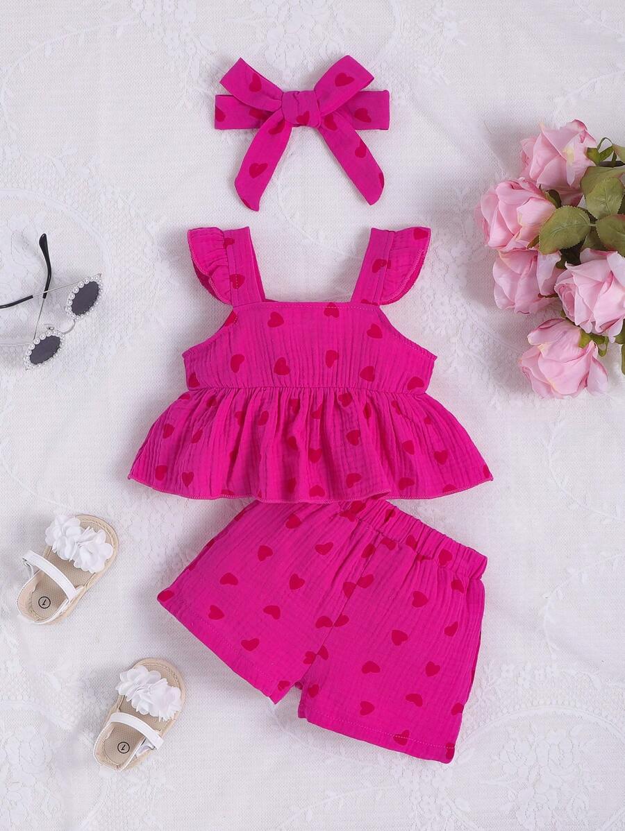 Baby Girl Heart Print Ruffle Trim Peplum Top & Shorts