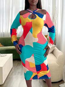 Maweii Plus Colorblock Criss Cross Cut Out Front Bodycon Dress
