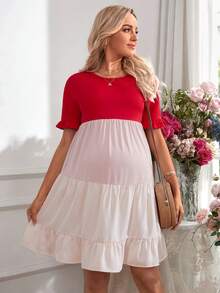 SHEIN Maternity Slouchy Loose Fit Short Sleeve Colorblock Knee Length Dress With Round Neckline, Suitable For Spring And Summer - Multicolor - View 3
