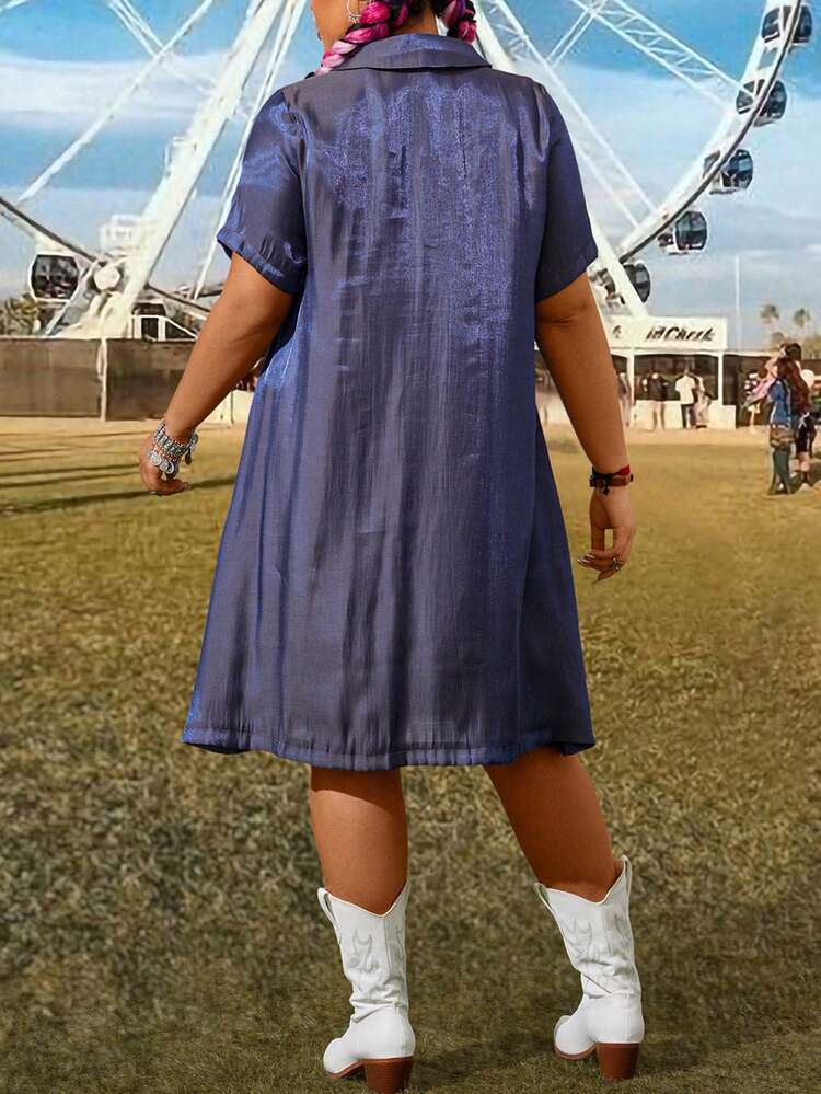 Plus Size Women's Short Sleeve Shirt Dress With Single Breasted Closure