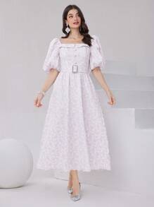 Modelyn Jacquard Square Neckline Puff Sleeve Dress Long Evening Dresses - Mauve Purple - View 3