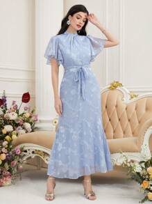 Modelyn Đầm xòe cổ đứng tay ngắn viền đuôi cá cho nữ, Đầm dự tiệc tối thanh lịch - Màu xanh lam - Xem 3