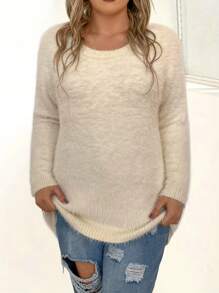 Calvaya Große Größe Pullover mit Einfarbig Strick Drop Shoulder Stufensaum,