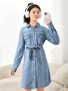 青少年女孩淺藍色戶外休閒長袖牛仔襯衫洋裝寬鬆版型繫領帶 - 淺色水洗藍 - 查看 1