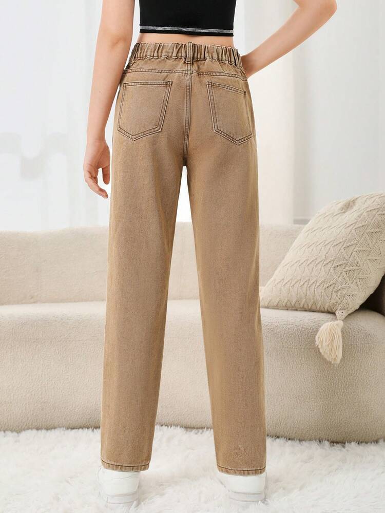 Teen Girls' Basic Casual Khaki Enzyme Washed Ripped Distressed Cone-Shaped Jeans