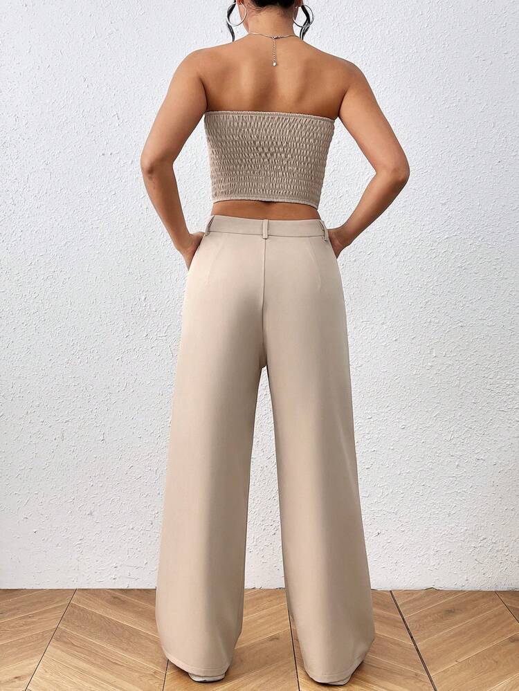 Women's Plain Strapless Top And Pocketed Pants Set