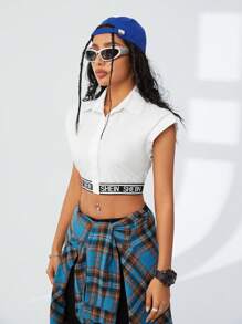 SHEIN EZwear Women's Very Short Sleeve Lettter Print Elasticated Hem Crop Top