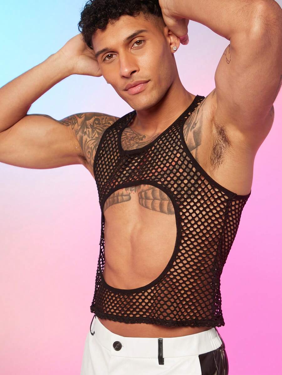 FeverCity Men's Hollow Out Mesh Tank Top - Black - View 1