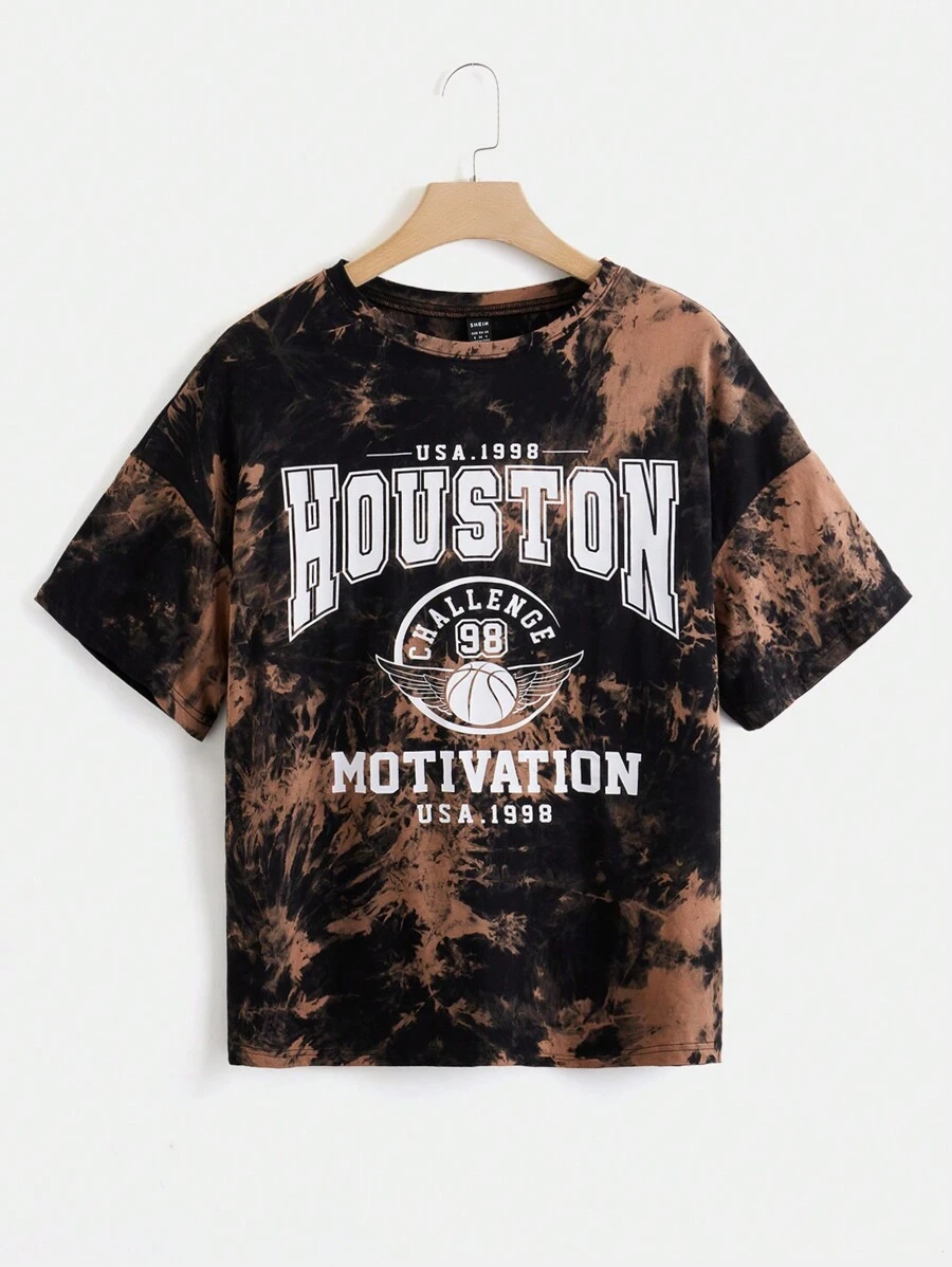 SHEIN EZwear Áo thun nữ Lá thư Cà vạt nhuộm Giải trí - Màu be - Xem 1