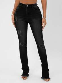 SHEIN SXY High Waist Ripped Raw Hem Skinny Jeans - Black - View 1