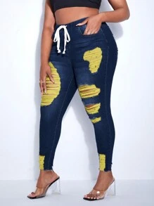 SHEIN SXY Kích thước lớn Khối màu Đau khổ Thon gọn Quần jean - Rửa tối - Xem 3