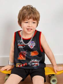 Young Boys' Casual Street-Style Sport Cartoon Letters & Numbers Print Color-Block Flat Knit Hem Split Tank Top, Suitable For Spring & Summer - Black - View 3