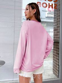 SHEIN Unity Letter Print Long Sleeve Drop Shoulder T-Shirt With Ribbed Collar Graphic Tees Women Tops For Spring Fall For Women - Pink - View 2