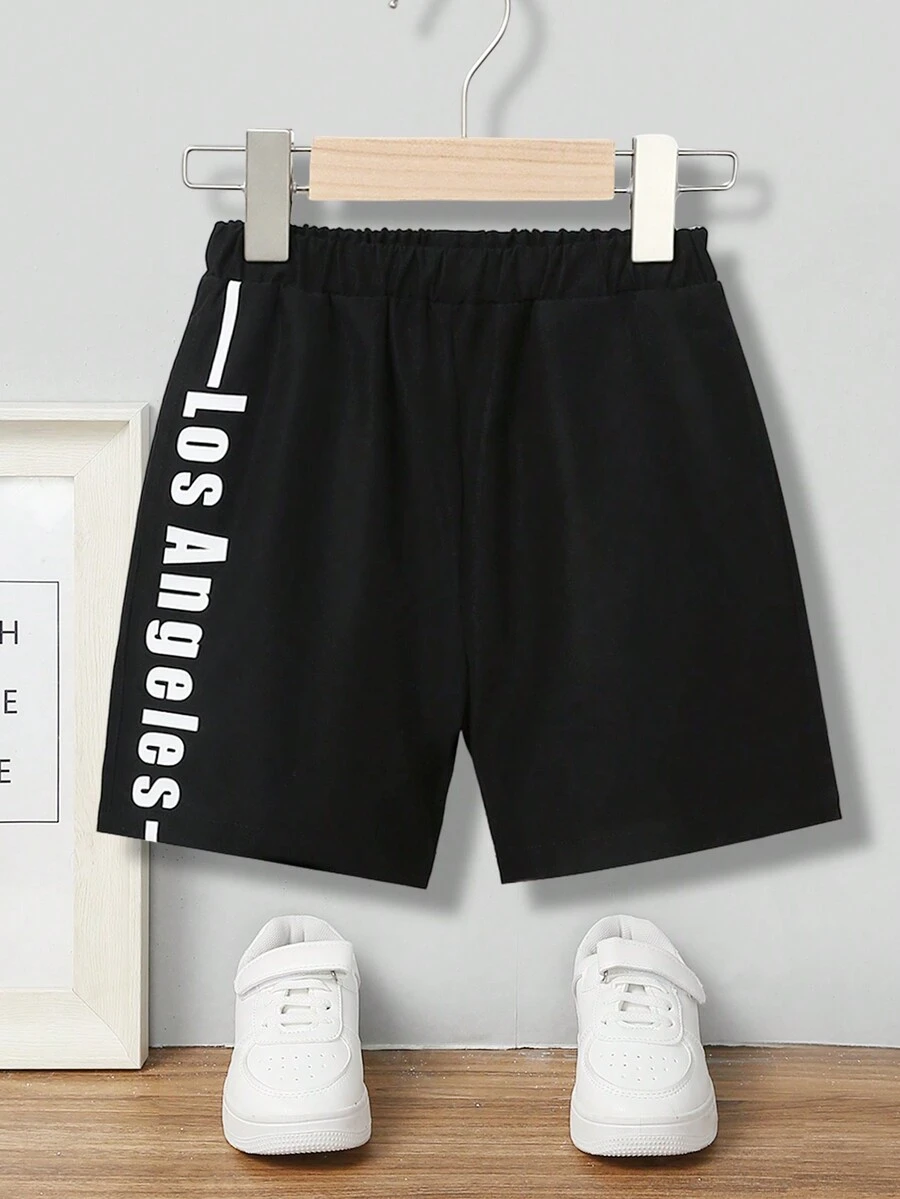 SHEIN Pantalones Cortos Deportivos De Tejido Con Estampado De Letras Para Niños Jóvenes - Negro - Ver 1