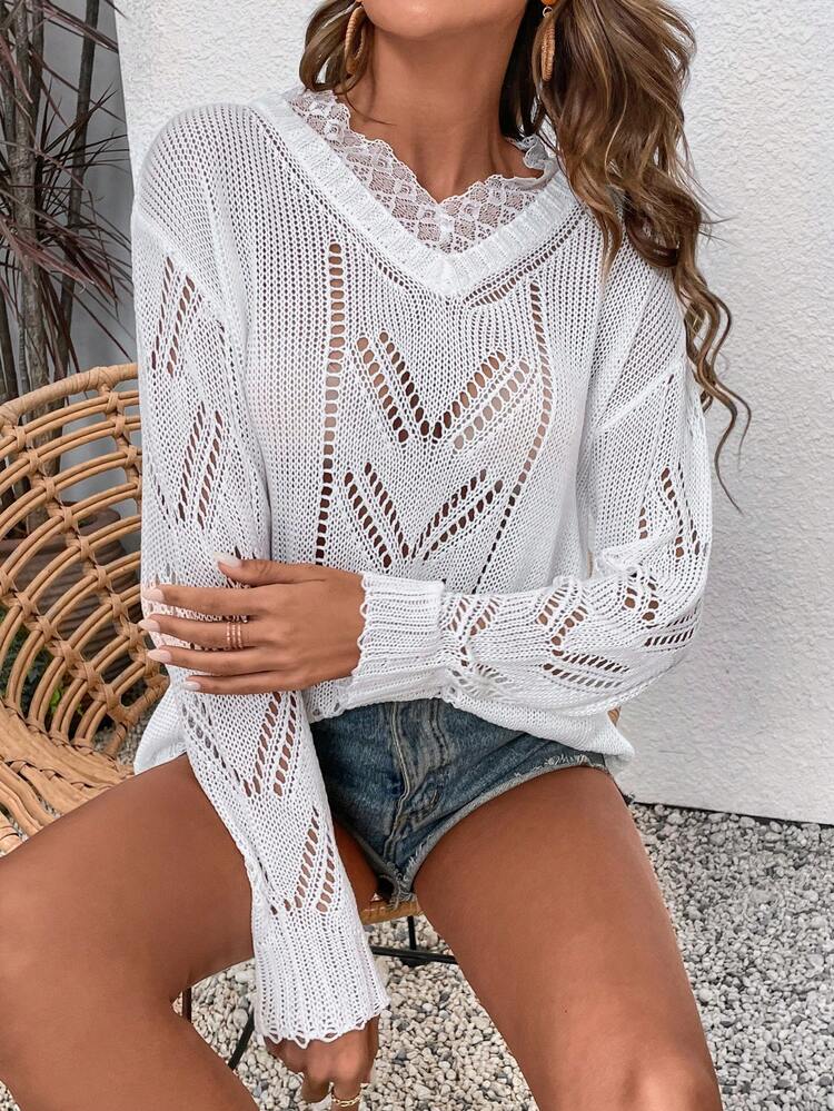 Ladies' Hollow Out Long Sleeve Pullover Sweater, Knit Pullover Fall Winter
