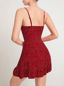 Soleia Knotted Polka Dot Ruffle Hem Cami Dress - Burgundy - View 2