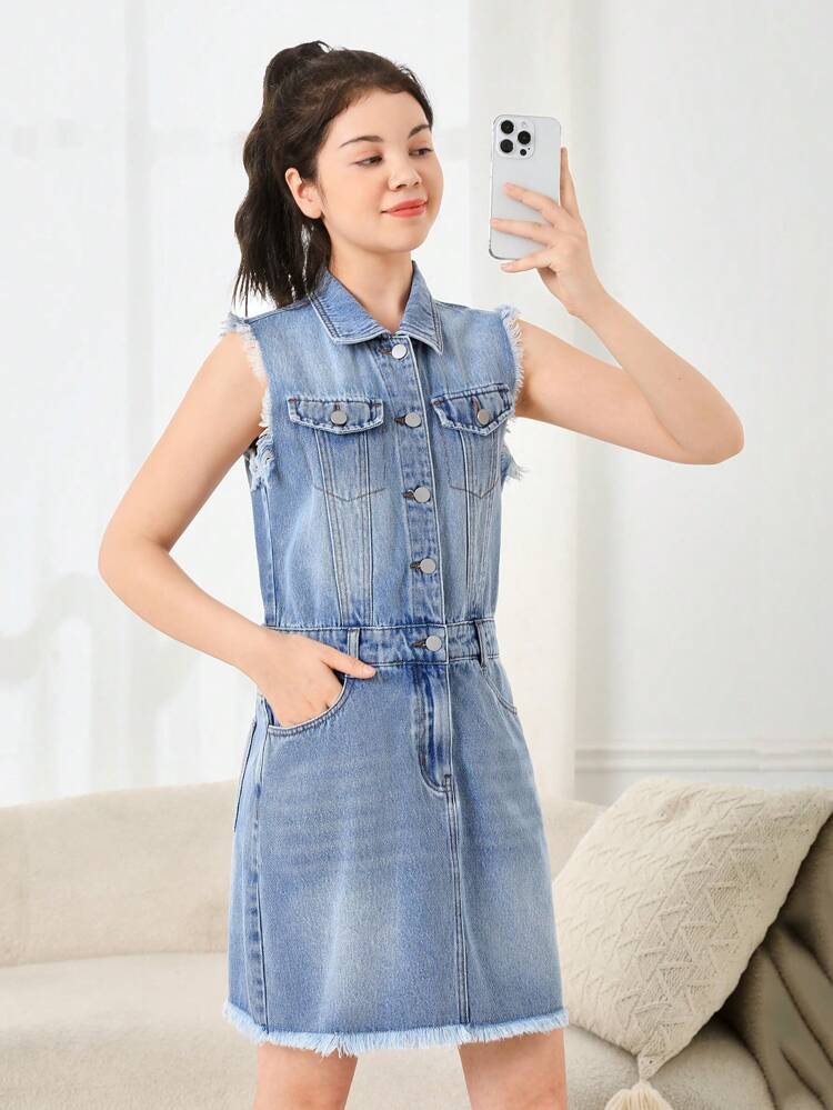 Teen Girl's Street Style Cool Medium Blue Wash Raw Edge Button Front Sleeveless Denim Dress, Cinching Waist