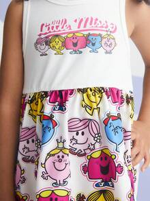 Mr Men Little Miss X SHEIN 少女卡通童趣字母印花圓領束腰連衣裙夏季款 - 白色 - 查看 3