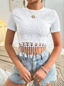Breezaya 女士短袖t恤,帶流蘇搭邊和拼接設計 - 白色 - 查看 5