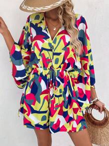 Breezaya V領一鈕連體褲,印花設計和h型蝙蝠袖 - 彩色 - 查看 1