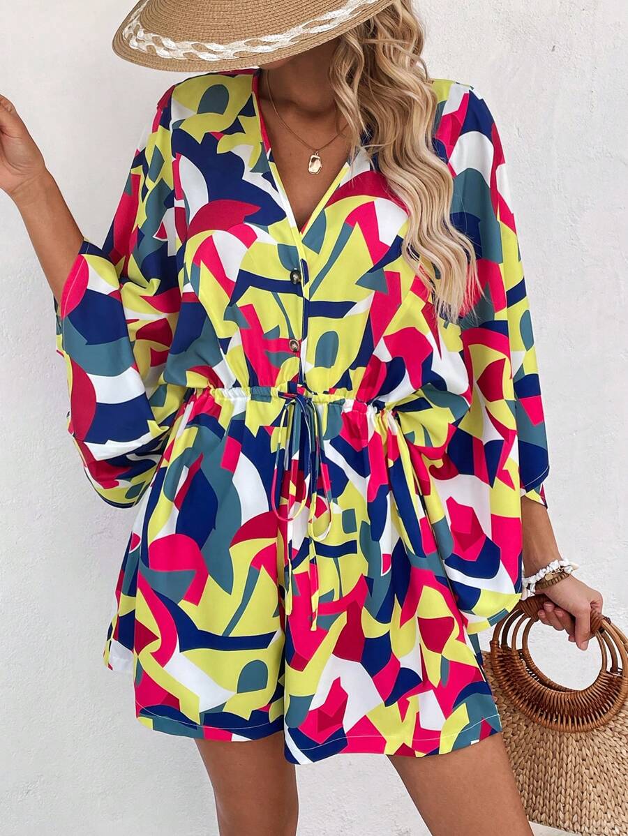 Breezaya V領一鈕連體褲,印花設計和h型蝙蝠袖 - 彩色 - 查看 1