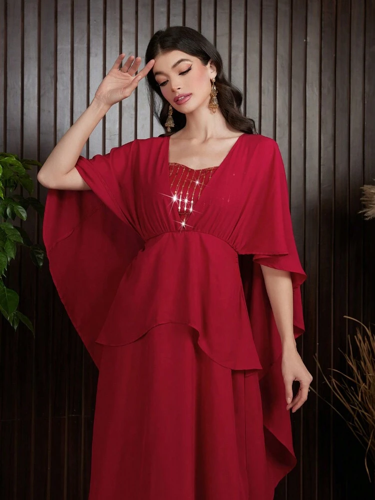 Women's Glittering Patchwork Cape Sleeve Bodycon Dress Long Evening Dresses