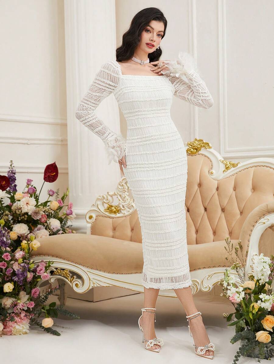 Modelyn Solid Color Textured Square Collar Slim Fit Split Hem Dress Long Evening Dresses - Apricot - View 1