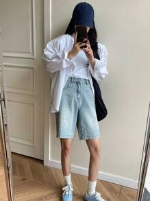 DAZY 女裝寬鬆休閒牛仔短褲 - 淺色水洗藍 - 查看 2