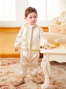 SHEIN Baby Boys' Satin Panel & Woven Tape Decor Long Sleeve Top And Pants Set