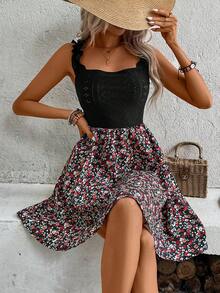 SHEIN Frenchy Của phụ nữ Không tay In hoa Xù Hoa Sen Đầm - Nhiều màu - Xem 3